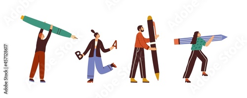 People writing, hold pencils and pens in hands. Set of writers, journalists, editors, copywriters, creators drawing, handwriting and creating sth. Flat vector illustration isolated on white background