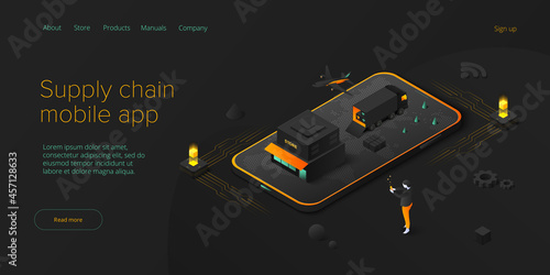 Online retail store transportation in isometric vector design. Shop delivery service and truck logistics concept. Market supply chain and shipment. Web banner layout template.