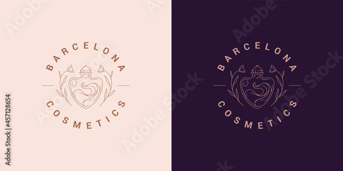 Flowers with bottle logo emblem design template vector illustration in minimal line art style