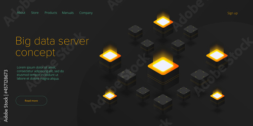 Big data technology in isometric vector illustration. Information storage and analysis system. Digital technology website landing page template.