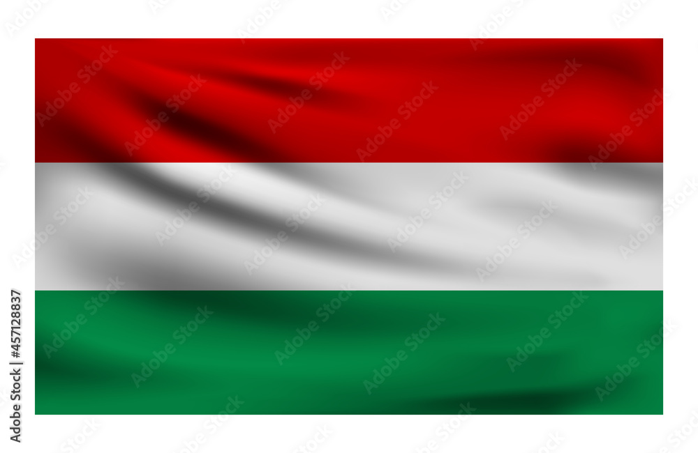 Obraz premium Realistic National flag of Hungary. Current state flag made of fabric. Vector illustration of lying wavy cloth in national colors of Hungary.
