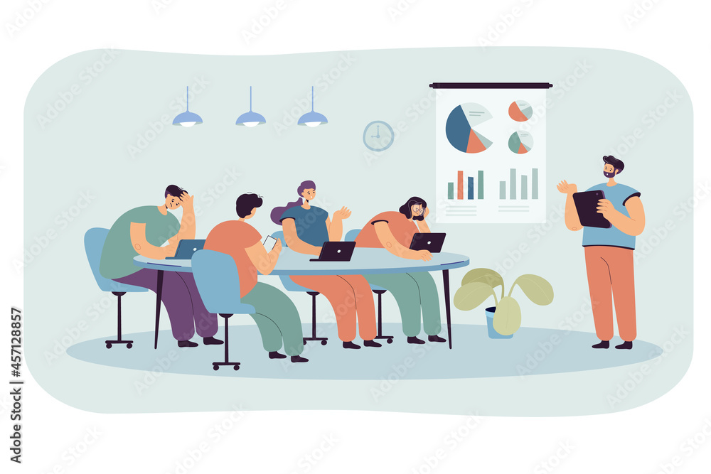 Office cartoon people listening to boring presentation. Speaker or manager giving tiresome lecture to audience flat vector illustration. Business meeting or training for banner or landing web page