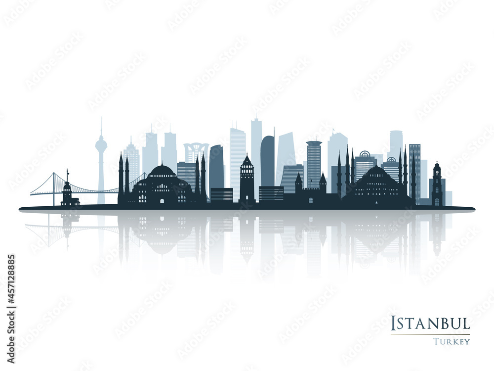 Istanbul skyline silhouette with reflection. Landscape Istanbul, Turkey. Vector illustration.