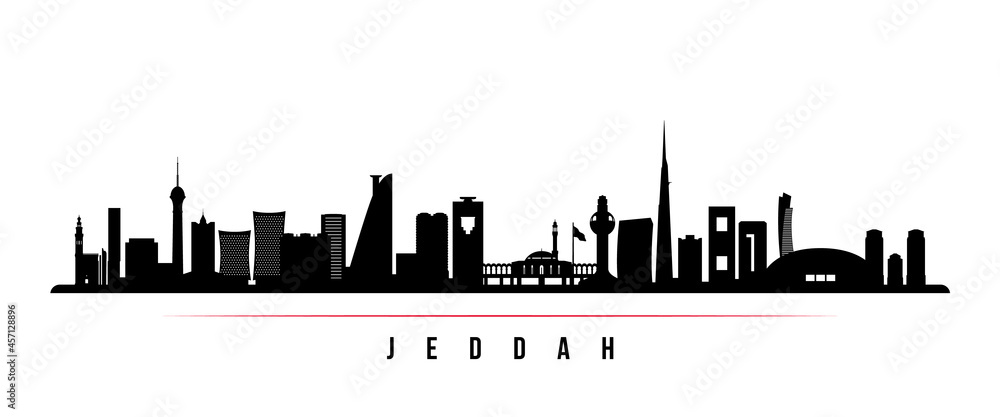 Jeddah skyline horizontal banner. Black and white silhouette of Jeddah, Saudi Arabia. Vector template for your design.