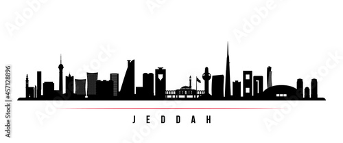Jeddah skyline horizontal banner. Black and white silhouette of Jeddah  Saudi Arabia. Vector template for your design.