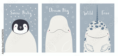 Cute cartoon animals portraits set, beluga whale, penguin, narwhal. Hand drawn vector illustration. Winter characters. Arctic, Antarctic wildlife. Design concept kids print, poster, baby shower, card.