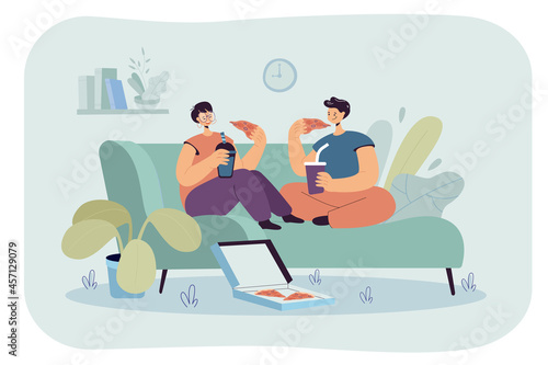 Happy cartoon boyfriend and girlfriend eating pizza together. Man and woman sitting on couch at home flat vector illustration. Relationship, love, junk food concept for banner or landing web page