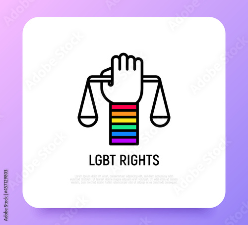 LGBT rights thin line icon: hand with scales and rainbow wristband. Modern vector illustration.