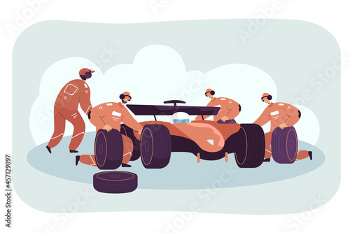 Team of mechanics repairing race car on pit stop. Racer in auto, technicians in uniform changing tires flat vector illustration. Formula racing, maintenance or repair service concept for banner