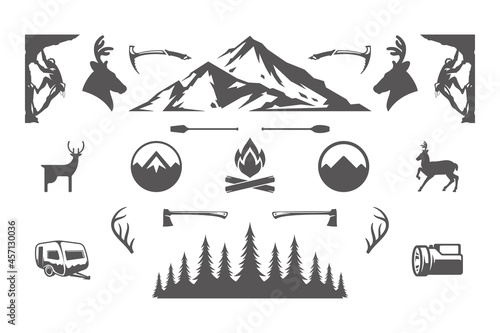 Camping and outdoor adventures design elements and icons set vector illustration