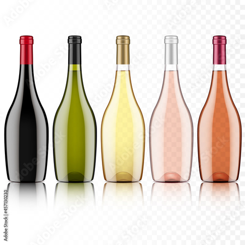 Set of transparent wine bottles, isolated.