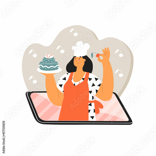 Woman showing baking recipe through phone screen. Communication, chatting, internet talks, video conversation. Mobile online services. Vector illustration in flat style. Cooking influencer, blogger.