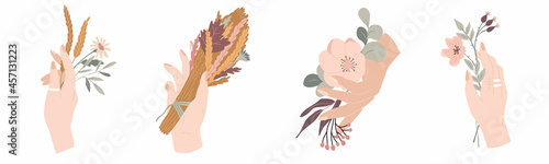 Collection Autumn floral compositions. Hand with fall flowers bouquet. Vector illustration. Decorative elements isolated on white background. Flat style. For manicure, jewelry store, cosmetic, beauty.