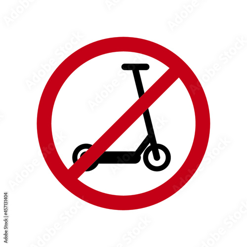 No kick scooter icon. No kick scooter icon. The red circle prohibiting sing. No push scooter forbidden sign, modern round sticker.