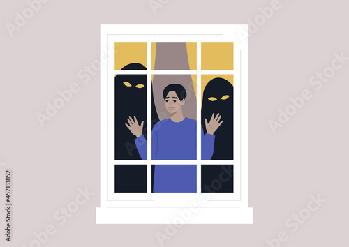 A young Asian character locked inside their home with monsters behind their back, panic attack concept, mental health issues
