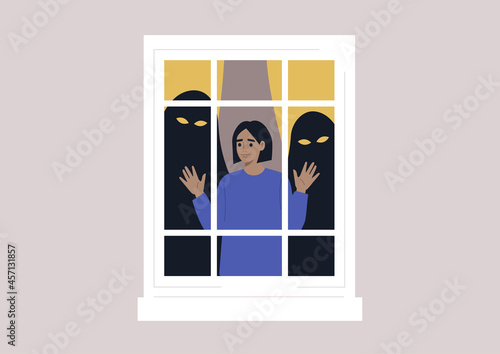 A young female character locked inside their home with monsters behind their back, panic attack concept, mental health issues