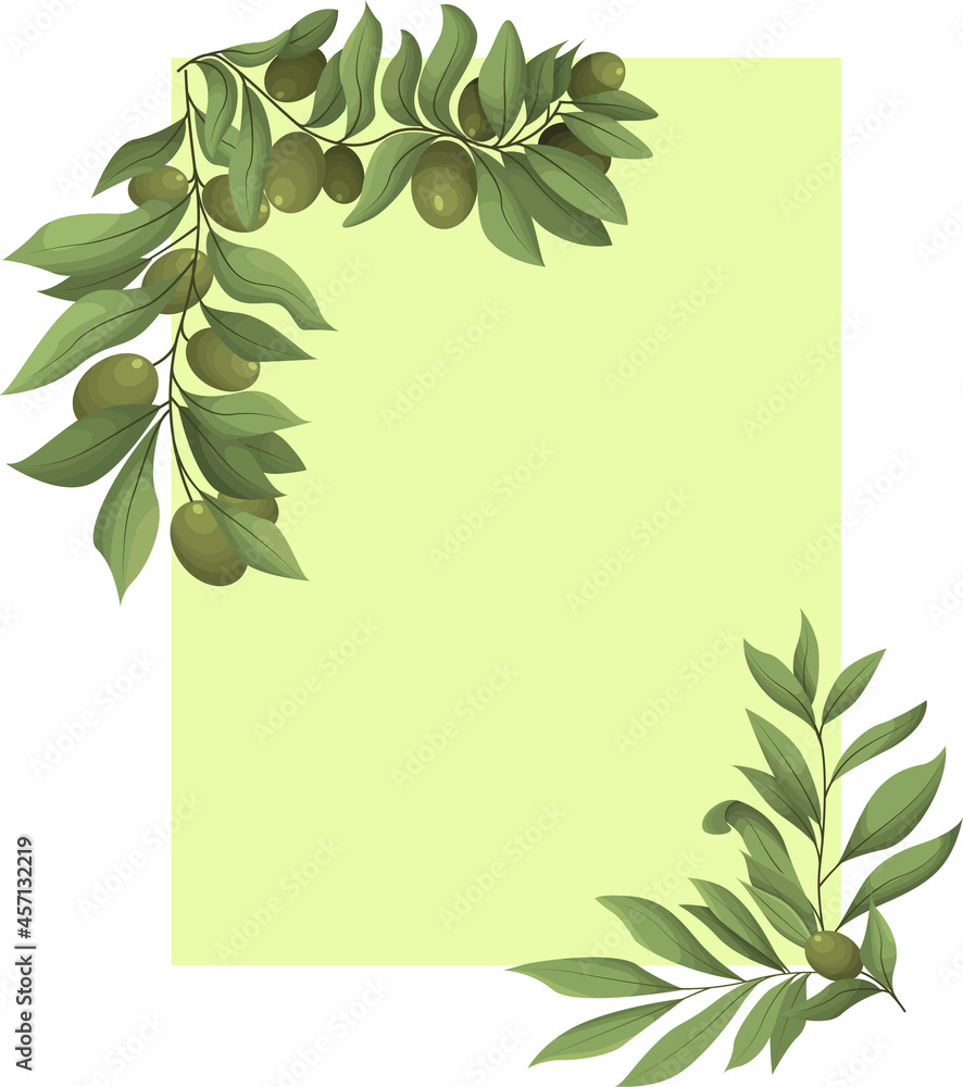 The corner frame is an olive branch with fresh leaves and olives. Vector illustration isolated on a white background.