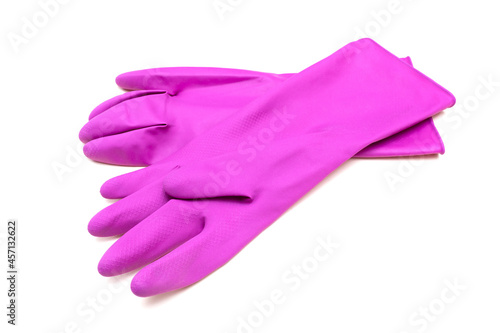 Rubber gloves on a white background. Isolated. Purple, pink.