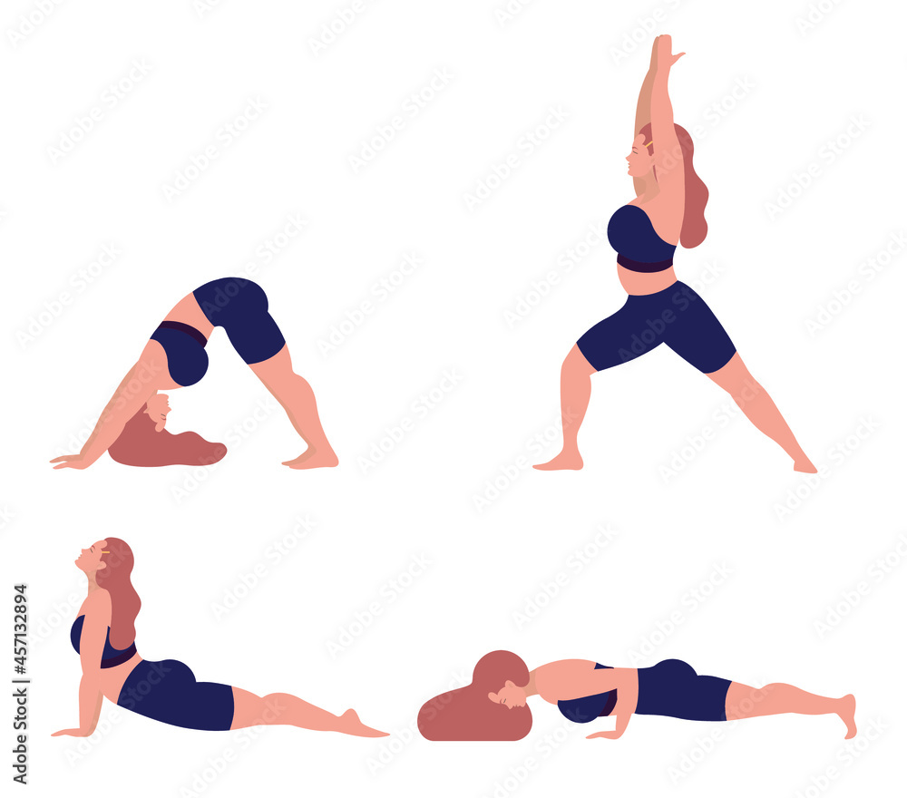 Women doing yoga exercises. Vector set of beautiful curvaceous woman in various yoga poses. Isolated on white background. Women doing yoga exercises. Vector set of beautiful curvaceous woman in various yoga poses. Isolated on white background.