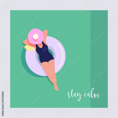 Woman floating on air mattress in swimming pool. Women relaxing and sunbathing on inflatable ring. Vector Illustration. Greeting card.
