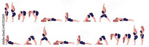 Women doing yoga exercises. Vector set of beautiful curvaceous woman in various yoga poses. Isolated on white background.