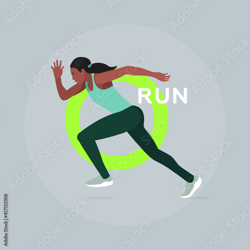 Fitness concept illustration of young woman doing exercise with word Run. Flat design. Sport banner template.