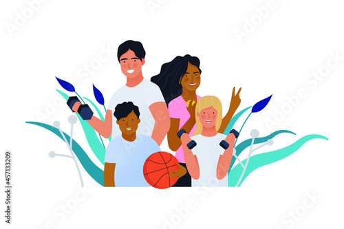 Family Health and Wellness. Modern Flat Vector Illustration. Happy Family of Parents and Children with Sport Equipment on Abstract Background. Modern Flat Vector Design Template.