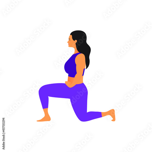 Modern Vector illustration of Stretching Young Woman in Purple Sportswear. Flat, Sport, Training.