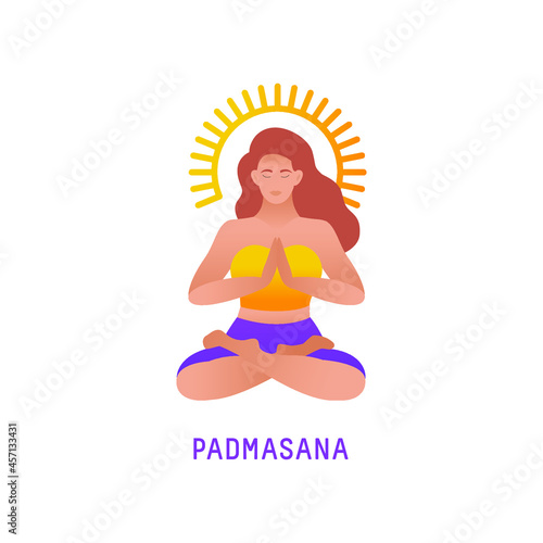 Vector illustration of yoga woman in bright colorful clothes. Isolated figure on white background with colorful sun silhouette. Padmasana - Lotus pose.