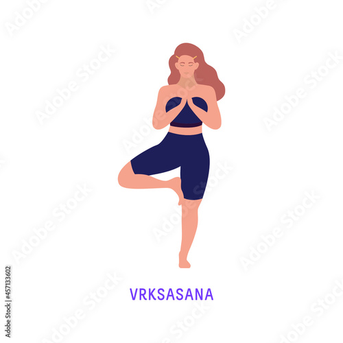 Vector Illustration of Yoga Woman. Isolated Figure on White Background. Vrksasana - Tree Pose.