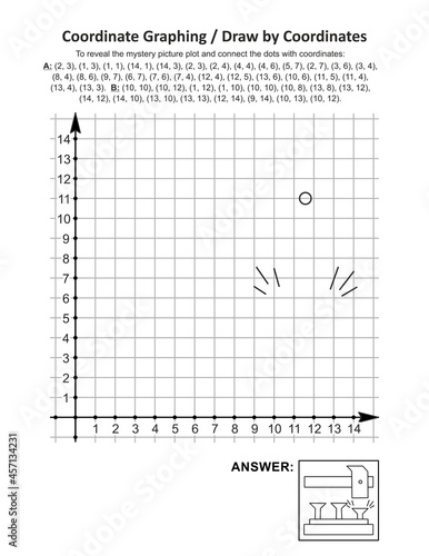 Coordinate graphing, or draw by coordinates, math worksheet with hammer and nails: To reveal the mystery picture plot and connect the dots with given coordinates. Answer included.
