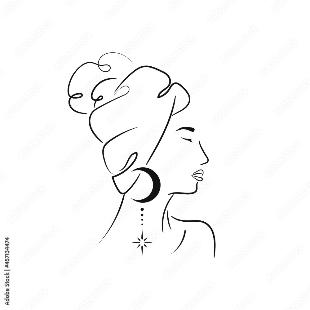 Ethnic woman portrait with celestial elements, line art Ethnic woman portrait with celestial elements, line art