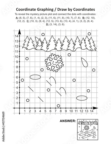 Coordinate graphing, or draw by coordinates, math worksheet with ski: To reveal the mystery picture plot and connect the dots with given coordinates. Answer included.
