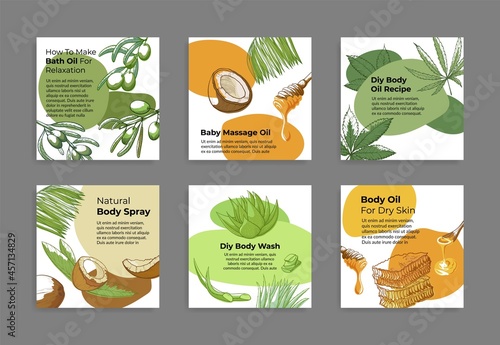 Set body oil engraved squared poster vector flat illustration. Collection natural skincare cosmetics