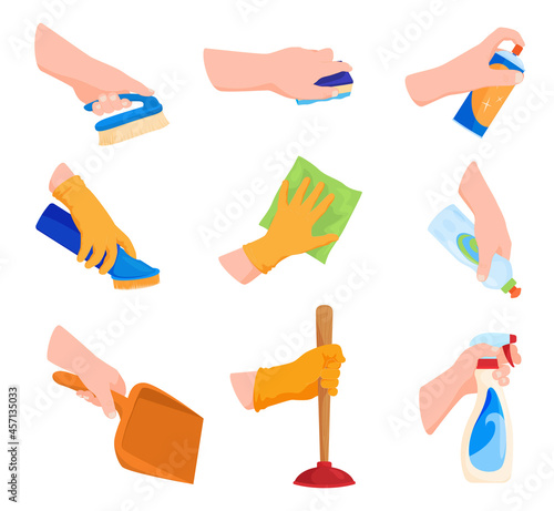 Collection of human hands holding detergents and cleaning product vector flat illustration