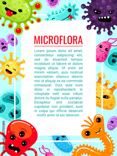 Healthcare poster microbes and viruses frame vector illustration. Medical advertising information