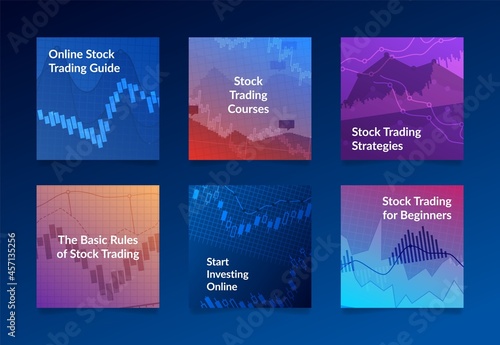 Stock trading squared poster set vector collection of advertising promo financial online investing