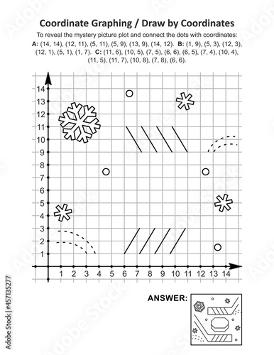 Coordinate graphing, or draw by coordinates, math worksheet with hockey stick and puck: To reveal the mystery picture plot and connect the dots with given coordinates. Answer included.
