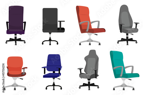 Colorful beautiful modern office armchair set with different pose isolated on white background