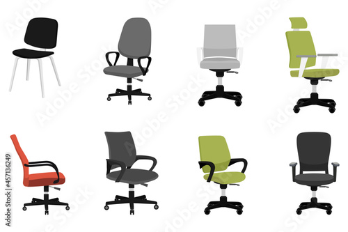 Colorful beautiful modern office armchair set with different pose isolated