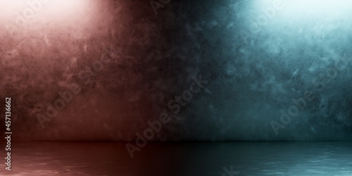 Modern industrial background with scratched metallic wall and floor with colored lights. 3d rendering