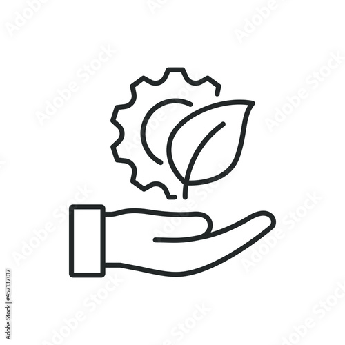 Leaf and gear on hand. Eco industry icon line style isolated on white background. Vector illustration