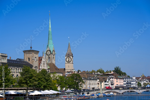 Protestant churches St. Peter and Women's Minster at the old town of Zurich at a beautiful late summer day. Photo taken September 6th, 2021, Zurich, Switzerland.