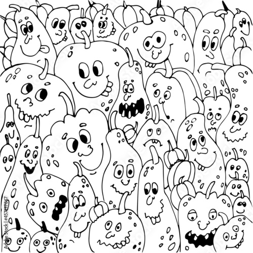 Humorous doodles Halloween pumpkins funny and funny drawn by a contour on a white background. Relax coloring page for children and adults  painted hand-drawn. The mood of enthusiasm and fun.