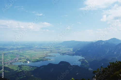 GERMANY, MUNCHEN: Scenic landscape aerial view of Bavarian Alp mountains with lake in the valley 