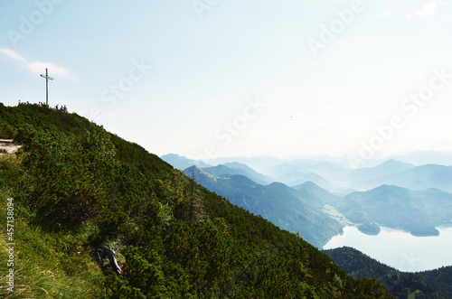 GERMANY, MUNCHEN: Scenic landscape aerial view of Bavarian Alp mountains with lake in the valley 