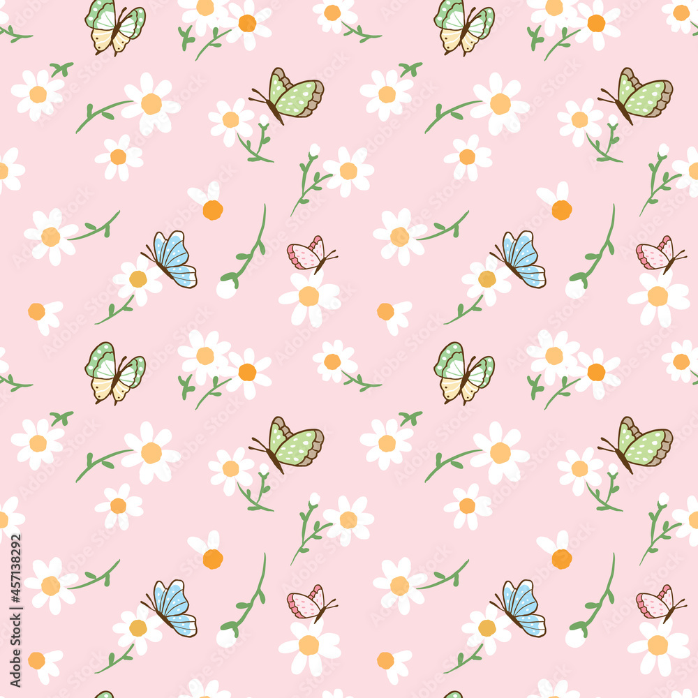 Seamless Pattern with Hand Drawn Butterfly and Flower Design on Pink Background Seamless Pattern with Hand Drawn Butterfly and Flower Design on Pink Background