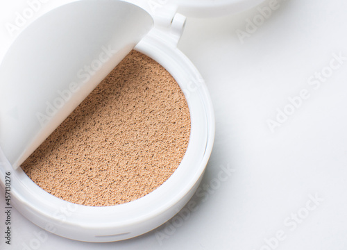 Open Sticker Refillable Foundation Powder, Makeup Cosmetics, Brown Cream and Case on White background.