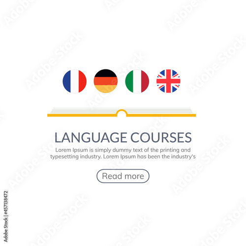Language learn vector banner design. Language course english different speak logo concept