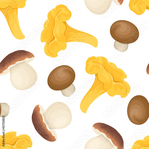 Chanterelle mushrooms and boletus mushrooms seamless pattern. Food background. Vector autumn illustration.